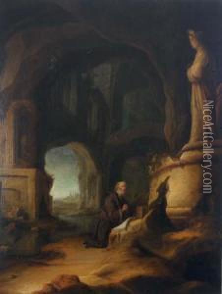 A Hermit At Prayer In A Grotto With Classical Ruins Oil Painting - An Adriansz Van Staveren