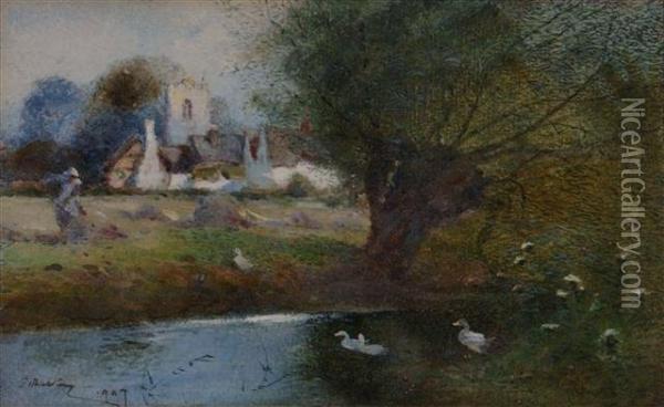 Haymaking By A Riverbank Oil Painting - James Mackay