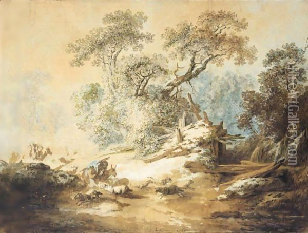 Wooded Autumn Landscape With Shepherds And Their Flock Oil Painting - Jean-Baptiste Huet