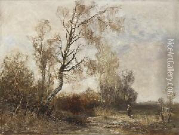 Magd Am Bachlauf In Herbstlicher
 Landschaft. Oil Painting - Joseph Wenglein