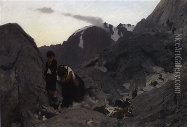 Ein Abgesturtzter Bergsteiger Wird Von Seiner Frau Und Seinem Kleinen Sohn Betrauert Oil Painting - Wilhelm Simmler