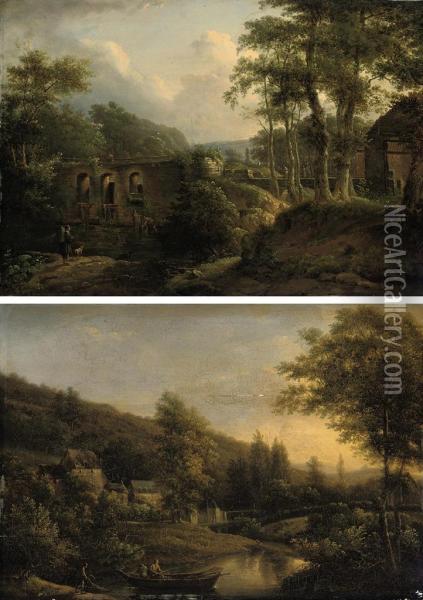 A River Landscape With Figures Before A Bridge; Oil Painting - Joseph Julien