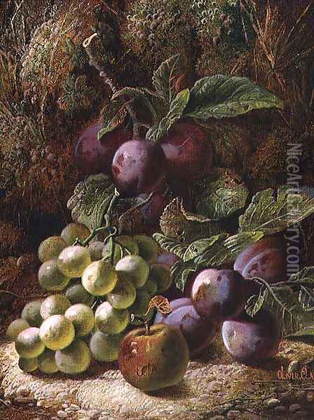 Still Life with Plums and Grapes Oil Painting - Oliver Clare