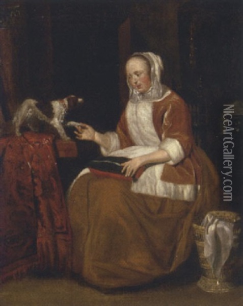 A Lady Seated In An Interior, With A Dog On A Partly Draped Table Oil Painting - Gerard ter Borch the Younger