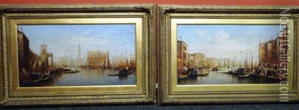 Venetian Canal Scene With Figures Beside Gondolas In The Foreground Oil Painting - Francis Maltino