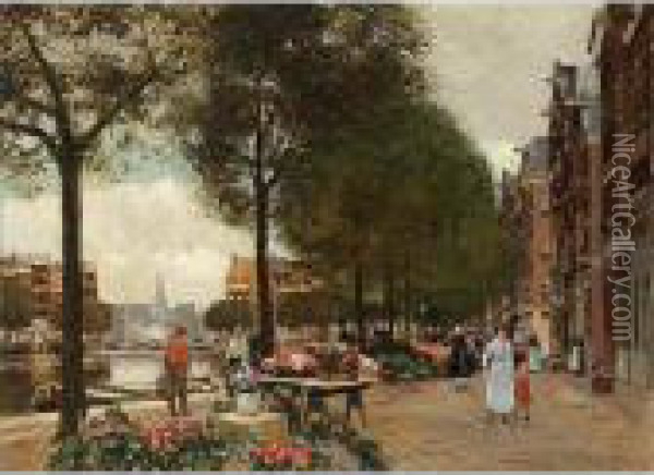 A View Of The Flower Market In Amsterdam With The Munt Tower In The Background Oil Painting - Heinrich Hermanns