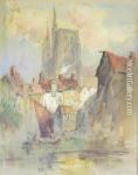 Continental Townscape With Cathedral And River Oil Painting - Hercules Brabazon Brabazon