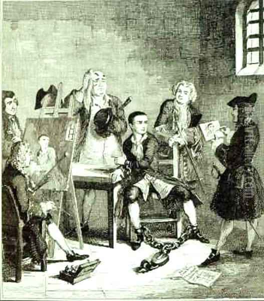 Jack in Newgate Ward having portraits taken by Sir James Thornhill and William Hogarth Oil Painting - George Cruikshank I
