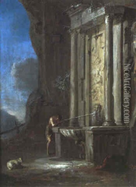 Jeune Berger Se Desalterant A Une Fontaine Antique Oil Painting - Johann Heinrich Schoenfeldt