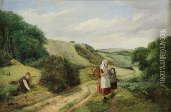 Children Picking Flowers Oil Painting - Charles Hunt