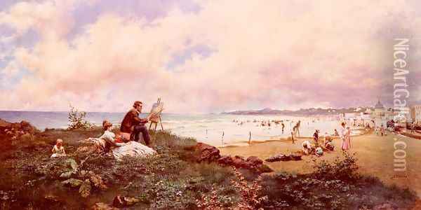 The Artist And His Family On The Beach At Biarritz Oil Painting - Jose Echena