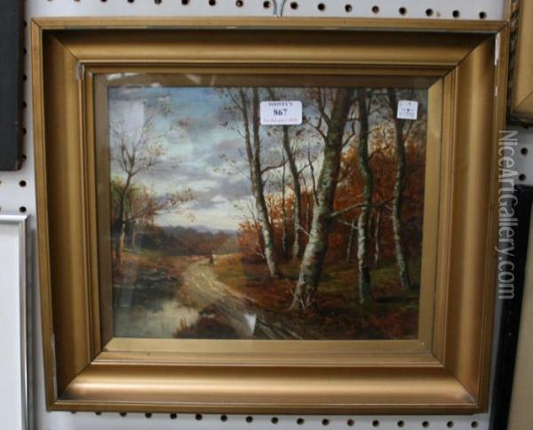 Landscape View With A Woman Walking Along A Woodland Path Oil Painting - James Charles