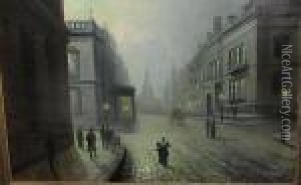 A View Of Park Row, Leeds By Moonlight With Figures Oil Painting - Walter Meegan