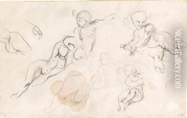 Studies of putti and a female nude Oil Painting - Eugene Delacroix