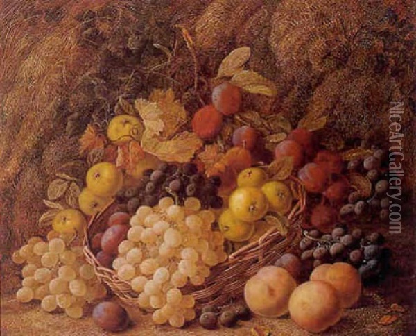 Pommes, Peches, Prunes, Raisins Blancs Et Noirs Et Panier Renverse Oil Painting - Vincent Clare