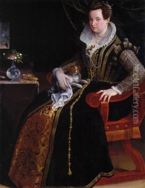A Portrait Of Costanza Alidosi Seated And Holding A Small Dog, A Still Life Of A Vase Of Flowers And Jewelry On A Table Beside Her Oil Painting - Lavinia Fontana
