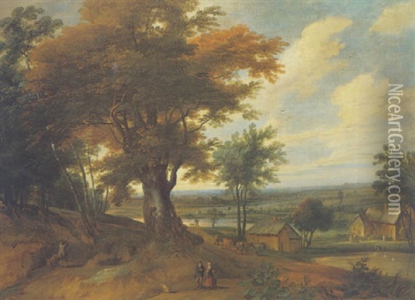 Extensive Landscape With A Sportsman And Other Figures At The Margin Of A Wood Oil Painting - Jacques d' Arthois