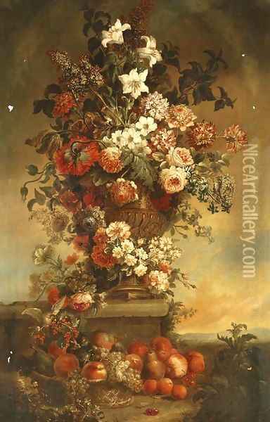 Tulips, lilies, carnations, roses and other flowers in an urn on a stone ledge, with fruit in a basket below Oil Painting - Jean-Baptiste Monnoyer