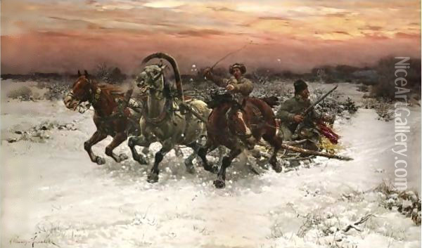 Troika Pursued By Wolves Oil Painting - Alfred Wierusz-Kowalski