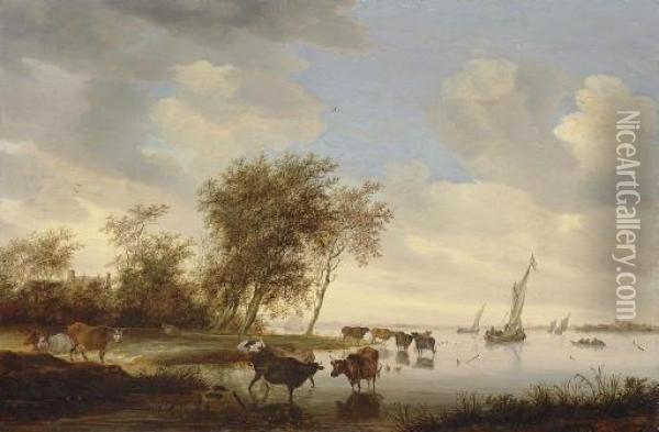 A River Landscape With Cattle Watering And Sailing Boats Beyond Oil Painting - Salomon van Ruysdael