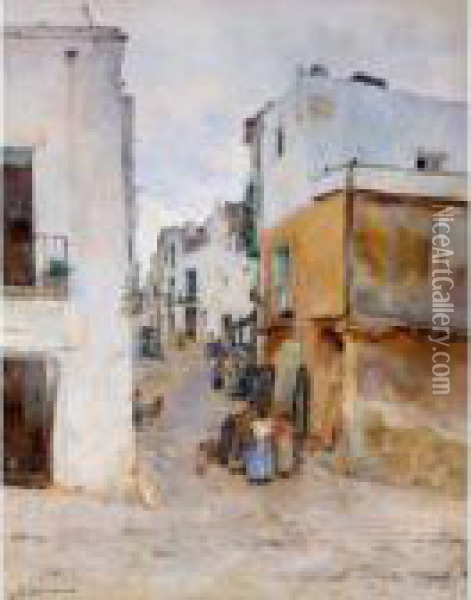 Pueblo Espanol (a Village Street) Oil Painting - Luis Graner Arrufi