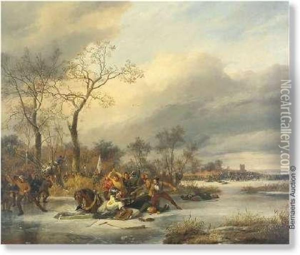 Battle On Theice. Canvas. Signed And Dated 1838. Oil Painting - Pierre Louis Dubourcq