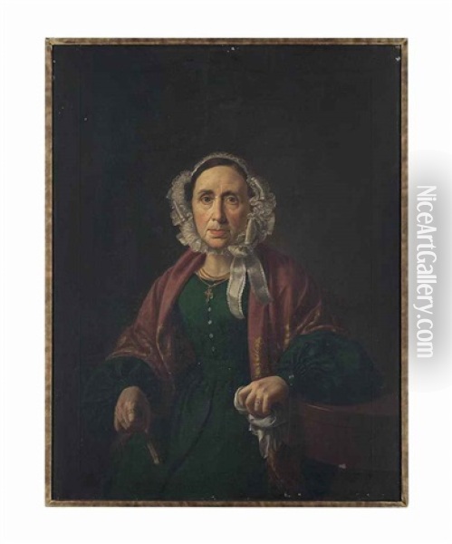 Portrait Of A Lady, Three-quarter-length, Seated, In A Green Dress... And A Portrait Of A Man, Three-quarter-length, Seated At His Writing Desk (pair) Oil Painting - Vicente Rodes Y Aries