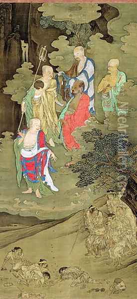 Lohans Bestowing Alms on Suffering Human Beings, Southern Song dynasty, China, c.1178 Oil Painting - Jichang Zhou (or Chou Chi-Ch'ang)