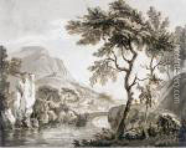 A Bridge Over A River In A Mountainous Landscape Oil Painting - Paul Sandby