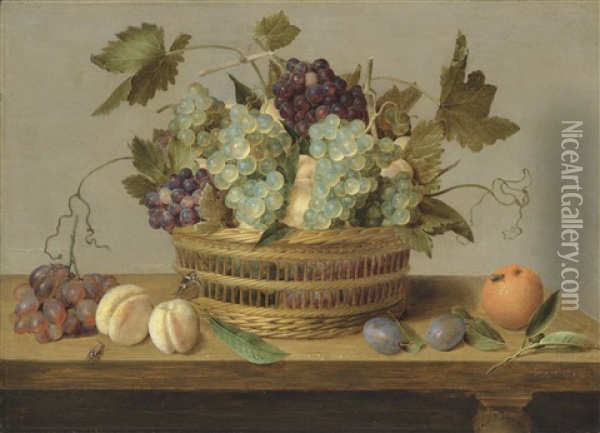 Nectarines And Grapes In A Basket On A Table, With Plums, Oranges, A Butterfly And A Beetle Oil Painting - Jacob van Hulsdonck