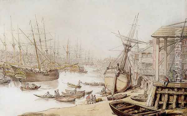 A View On The Thames With Numerous Ships And Figures On The Wharf Oil Painting - Thomas Rowlandson