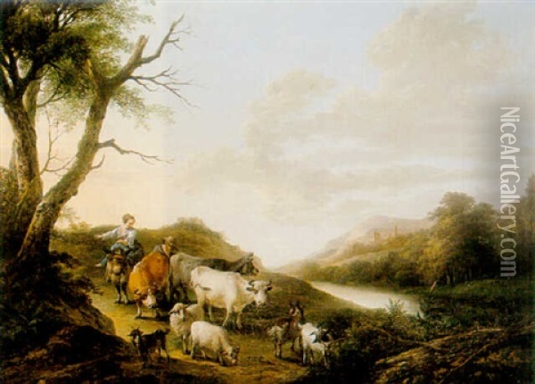 An Italianate Landscape With A Shepherd And His Herd, And A Girl Riding A Donkey Oil Painting - Frans Xaverius Xavery
