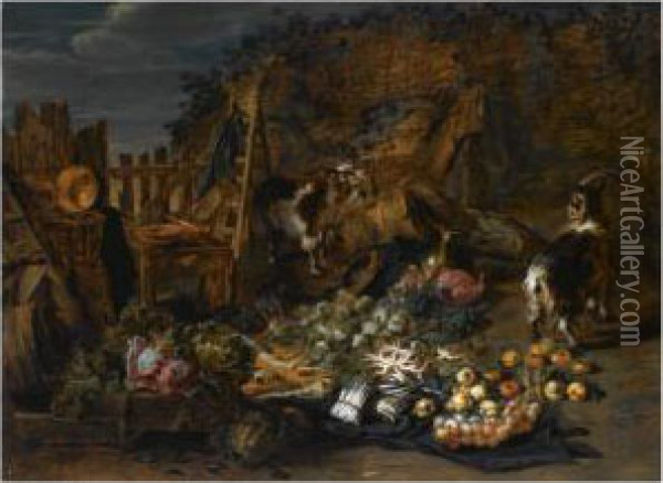 A Still Life Of Cabbages, 
Carrots, Asparagus, Onions, Pears And Apples Outside A Ruined Barn, 
Together With Two Goats And Three Rabbits Oil Painting - Jan van Kessel