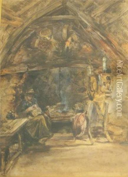 Interiorscene Of A Thatched Welsh Cottage, With Figure Seated In A Chair Oil Painting - Wergmann Muller