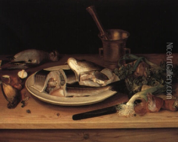 Nature Morte Med Torsk, Gulspurv, Skovskade, L+g, Selleri Og Porrer Oil Painting - Carl Vilhelm Balsgaard