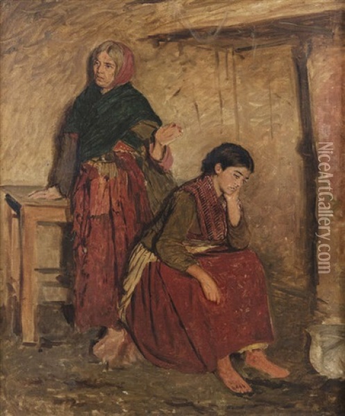 Figures In A Cottage Interior Oil Painting - Aloysius C. O'Kelly