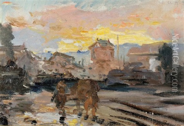 Gare De Perrache, L'arrivee De La Locomotive Oil Painting - Louis Antoine Besson(Beysson)