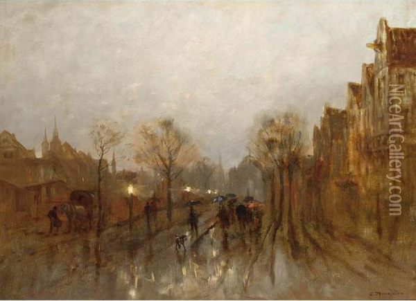 Figures In A Crowded Rainy Street Oil Painting - Desire Tomassin