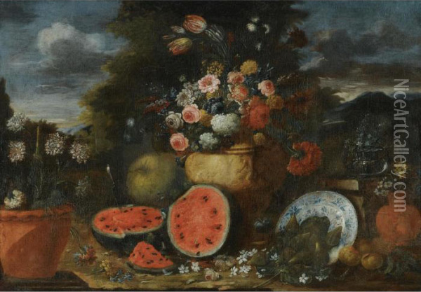 Still Life With A Large Arrangement Of Flowers In A Carved Stone Urn, With Open Watermelons, Figs And Earthenware Pots On The Garden Floor Beneath Oil Painting - Giuseppe Lavagna