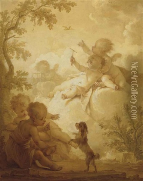 Putti In A Wooded Landscape With A Bird And A Lap-dog Oil Painting - Dirk Van Der Aa