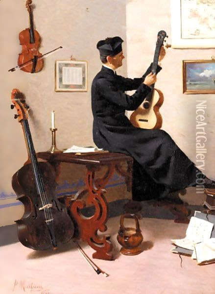 Tuning The Guitar Oil Painting - Pompeo Massani