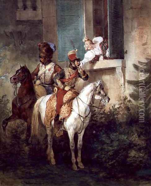 The Hussar's Adieu, 1829 Oil Painting - Joseph-Louis Hippolyte Bellange