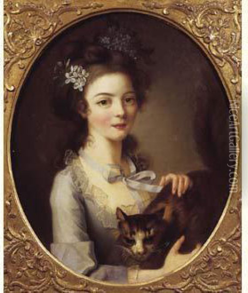 Jeune Fille Et Son Chat. Oil Painting - Marie Elisabeth Lemoine