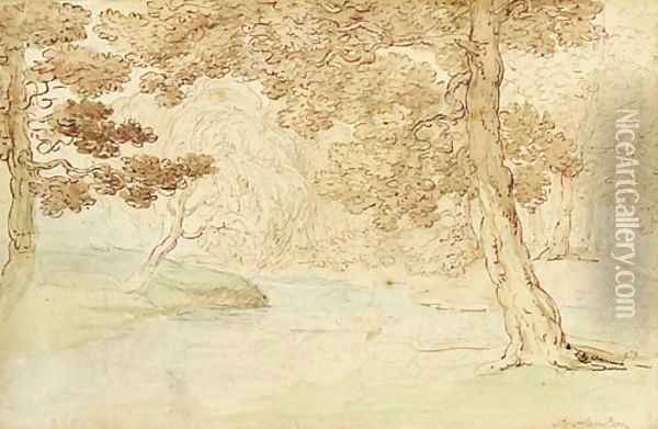 Landscape study with figures resting beneath a tree Oil Painting - Thomas Rowlandson