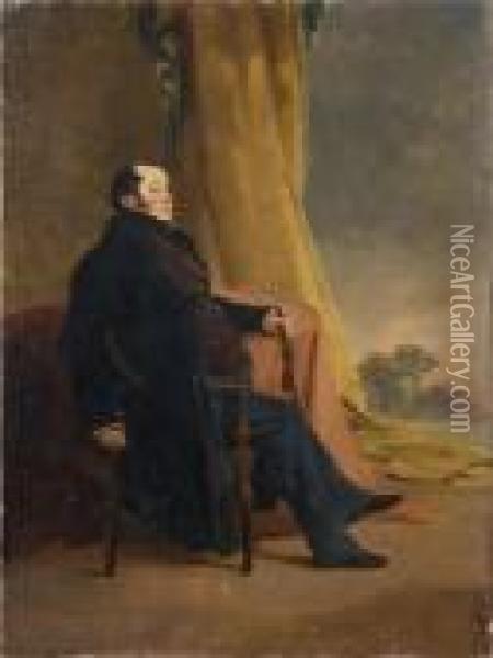 A Portrait Of James Aspinall, Seated, With Curtained Landscape Beyond Oil Painting - Richard Ansdell