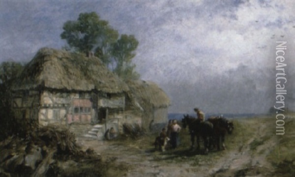 Figures Outside A Cottage Oil Painting - James John Hill