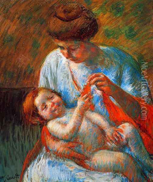 Baby Lying on His Mother's Lap, Reaching to Hold a Scarf Oil Painting - Mary Cassatt