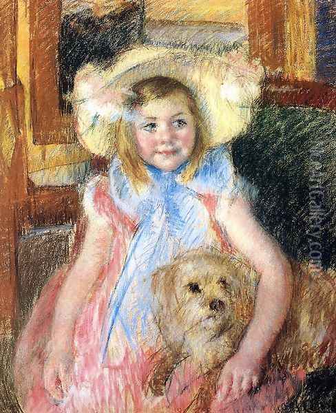 Sara In A Large Flowered Hat Looking Right Holding Her Dog Oil Painting - Mary Cassatt