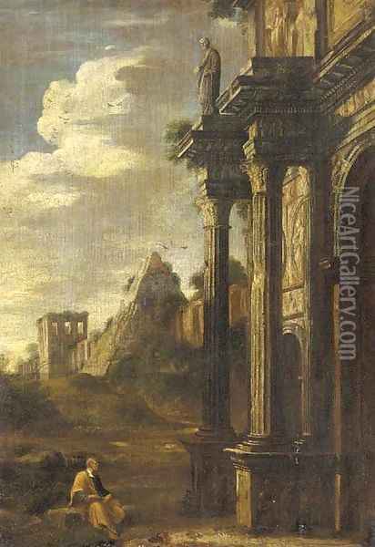 A capriccio of an artist sketching at the base of the Arch of Titus, the Pyramid of Cestus beyond Oil Painting - Gaspard Dughet