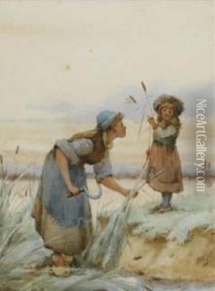 -woman With Child Collectingbulrushes Oil Painting - A. Mearns